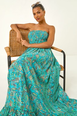 Roman Floral Print Bardot Shirred Midi Dress