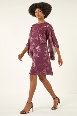 Roman Burgundy Foil Print Asymmetric Overlay Dress