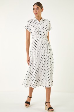 Roman White Spot Print Pleated Shirt Midi Dress