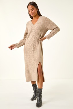 Roman Petite Beige V-Neck Knit Midi Dress