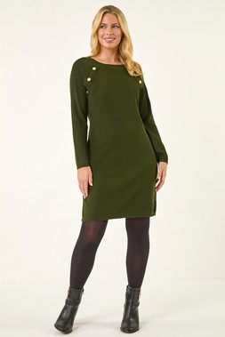 Roman Petite Khaki Button Detail Knit Dress