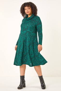 Roman Curve Green Paisley Cowl Neck Stretch Dress