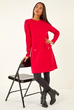 Roman Petite Red Buttoned Knit Dress