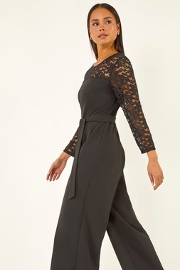 Roman Petite Black Lace Contrast Stretch Jumpsuit