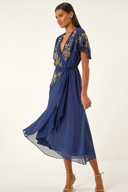 Roman Midnight Blue Premium Embellished Wrap Midi Dress