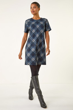 Roman Blue Check Print T-Shirt Stretch Dress