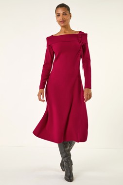 Roman Red Floral Bardot Knit Midi Dress