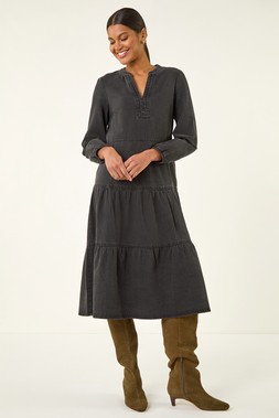 Roman Black Cotton Denim Tiered Midi Dress