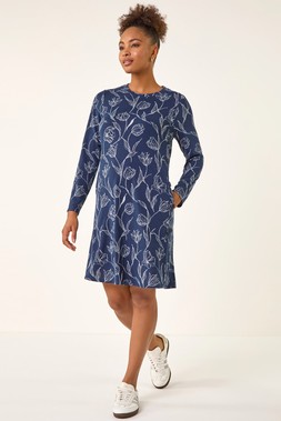 Romn Navy Floral Print Side Button Stretch Dress