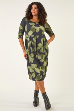 Roman Curve Green Floral Print Pocket Stretch Dress