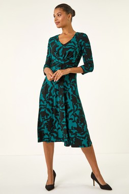 Roman Teal Floral Print Wrap Midi Stretch Dress
