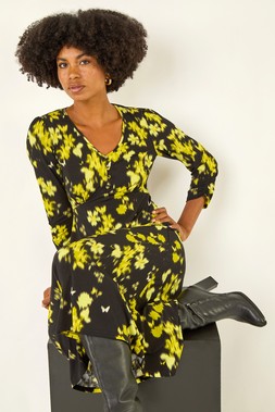 Roman Yellow Floral Print Buttoned Midi Dress