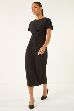 Roman Petite Black Twist Front Stretch Midi Dress