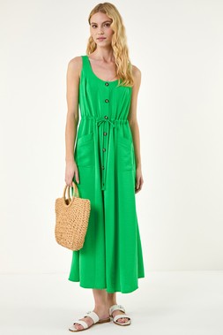 Roman Green Buttoned Tie Waist Midi Dress