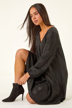 Roman Petite Black Sparkle Swing Stretch Dress