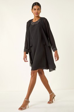 Roman Black Embellished Shift Dress & Shrug