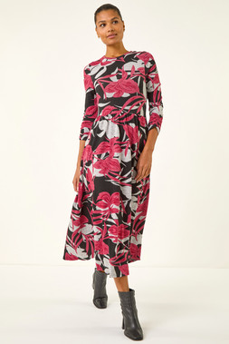 Roman Red Floral Print Pocket Midi Dress