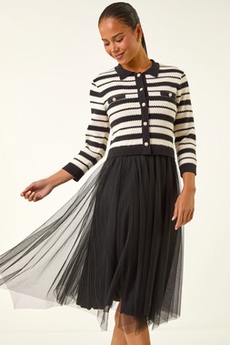Roman Petite Black Stripe Knit Midi Dress