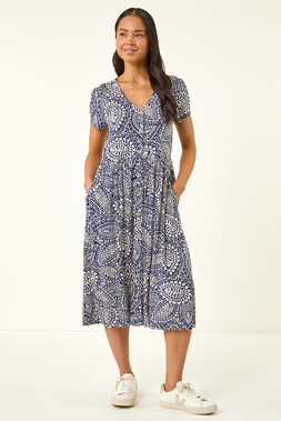 Roman Petite Navy Abstract Button Pocket Stretch Dress