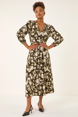 Roman Khaki Abstract Floral Midi Dress