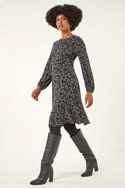 Roman Black Floral Print Frill Stretch Dress