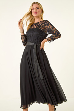 Roman Petite Black Lace Contrast Bodice Dress