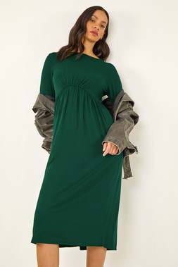 Dusk Green Gathered Pocket Stretch Midi Dress
