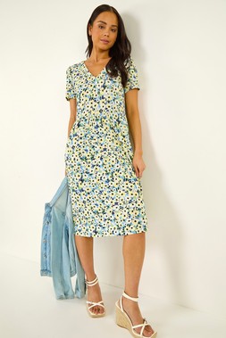Blue Petite Floral V-Neck Stretch Dress