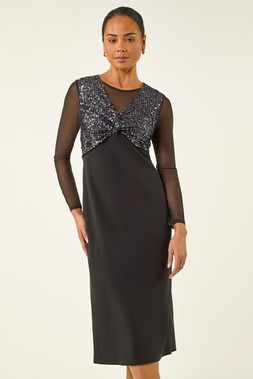 Roman Petite Black Sequin Contrast Knot Midi Dress