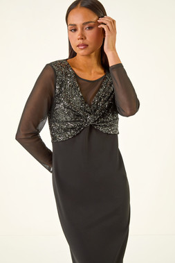 Roman Petite Black Sequin Contrast Knot Midi Dress