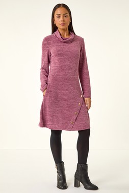 Roman Petite Wine Soft Marl Buttoned Cowl Neck Dress
