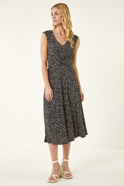 Roman Black Spot Print Twist Front Dress