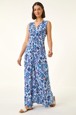 Roman Blue Aztec Print Twist Front Maxi Dress