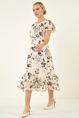 Roman Petite Ivory Floral Frill Hem Midi Dress