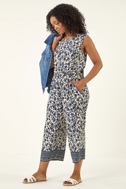 Petite Blue Printed Cropped Jumpsuit