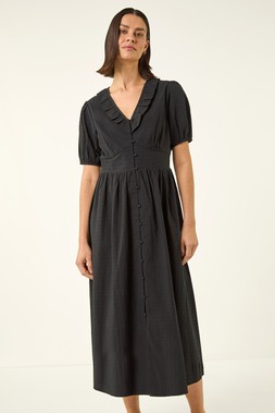 Roman Black Textured Frill Midi Dress