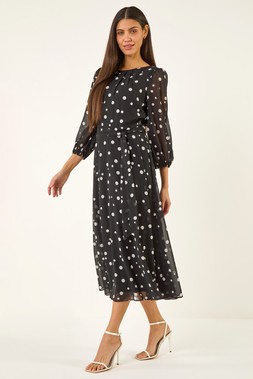 Roman Black Spot Print Pleat Neck Midi Dress