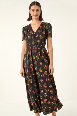 Roman Black Floral Print Buttoned Midi Dress