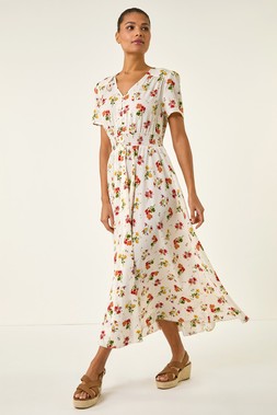 Roman Ivory Floral Print Buttoned Midi Dress