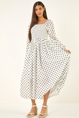 Roman White Spot Shirred Midi Dress