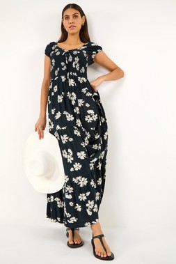Roman Black Shirred Floral Sweetheart Dress