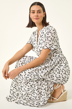 Roman White Floral Embroidered Button Midi Dress