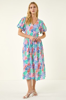 Roman Pink Abstract Print Button Midi Dress