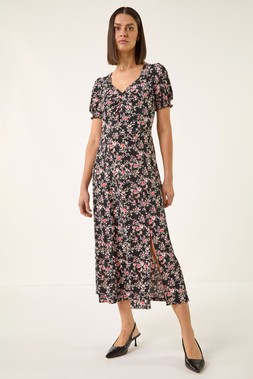 Roman Black Rose Print Ruched Midi Dress