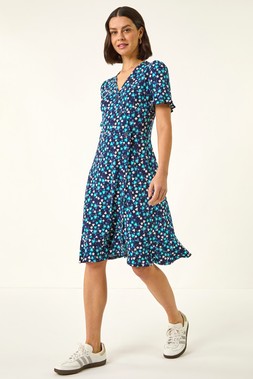 Roman Turquoise Floral Side Button Dress