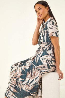 Roman Petite Black Leaf Print Tie Midi Dress