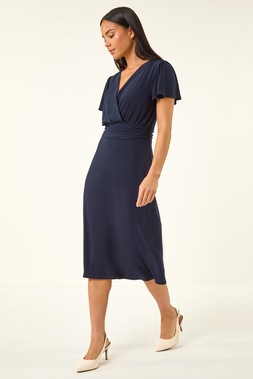 Roman Petite Navy Crossover Stretch Dress