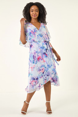 Petite Blue Floral Tie Front Cape Dress