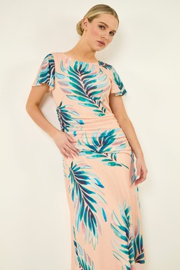 Roman Ivory Petite Floral Side Ruched Midi Dress