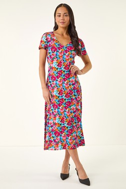 Roman Petite Pink Floral Button Pocket Midi Dress